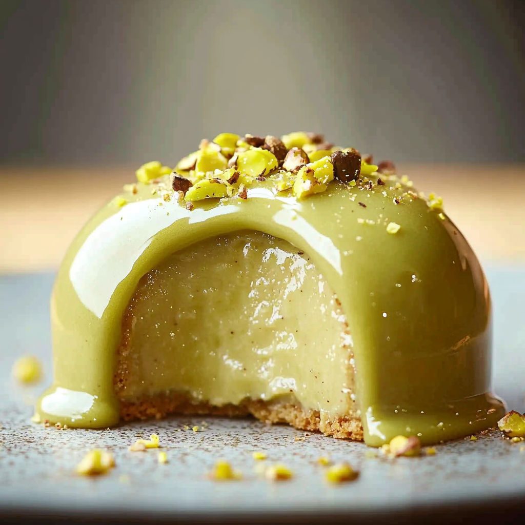A green dessert with nuts on top.