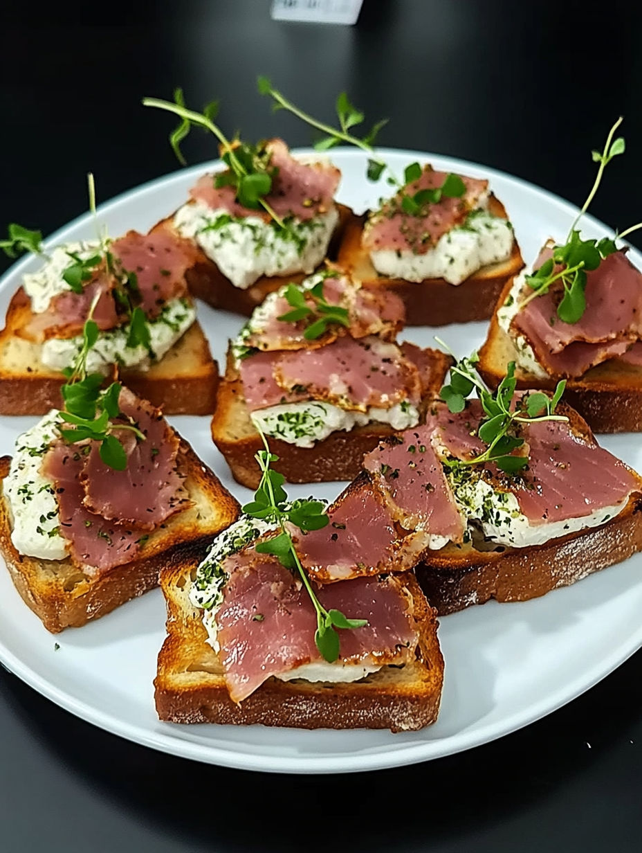 A plate of toast with meat and vegetables on it.