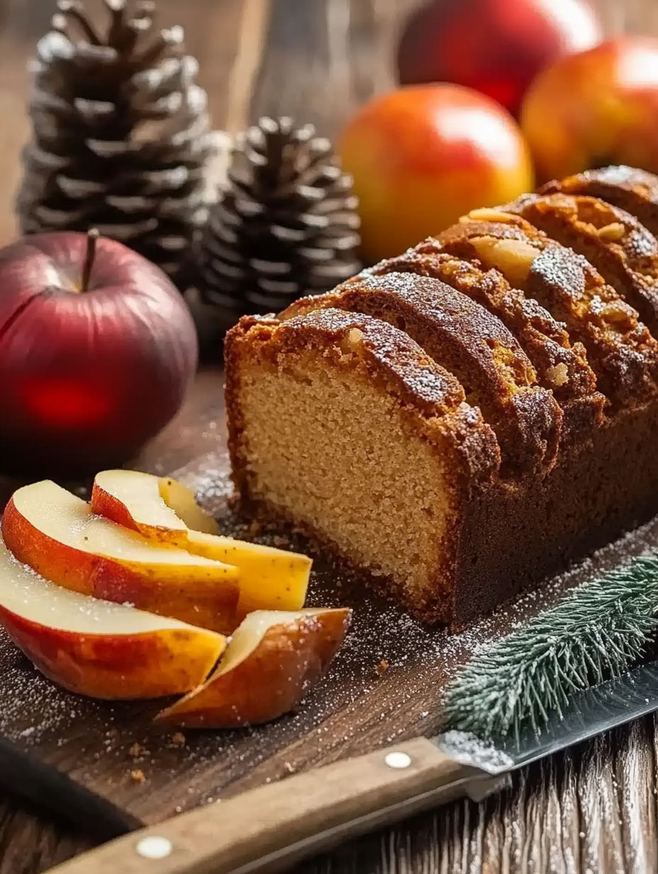 A loaf of bread with a slice cut out and a pear on the side.