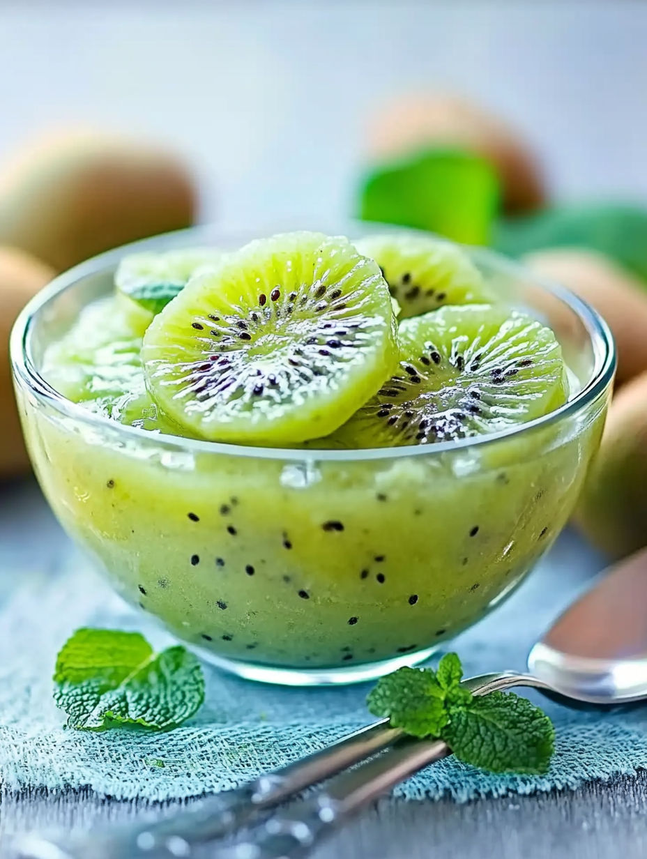 A bowl of kiwi fruit with green leaves.