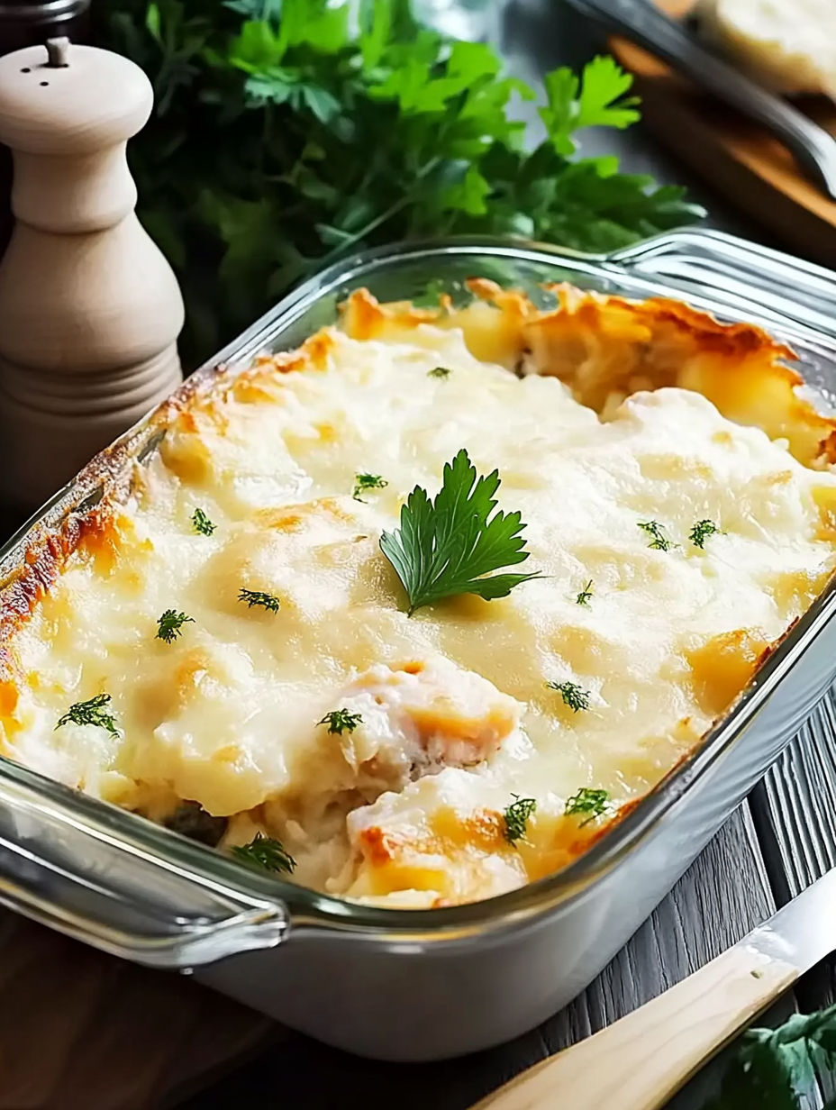A glass dish filled with a creamy, cheesy, and herb-topped dish.