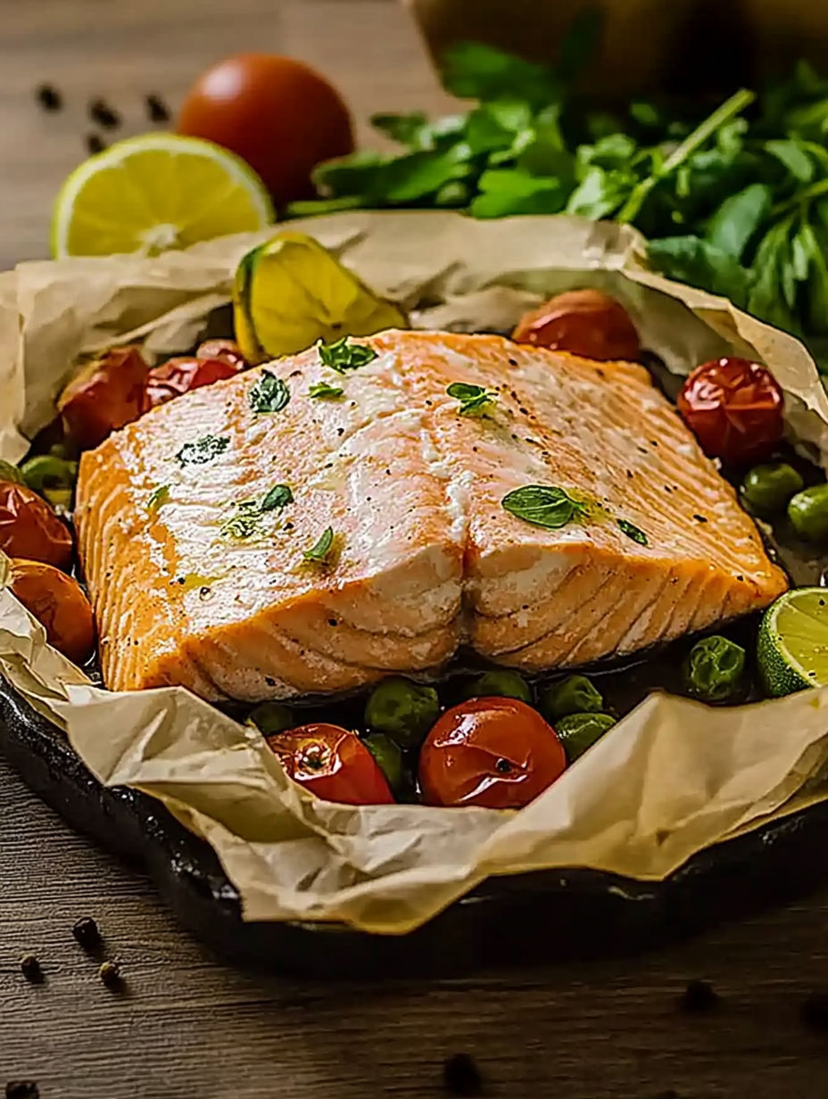 A pan of salmon with tomatoes and herbs.