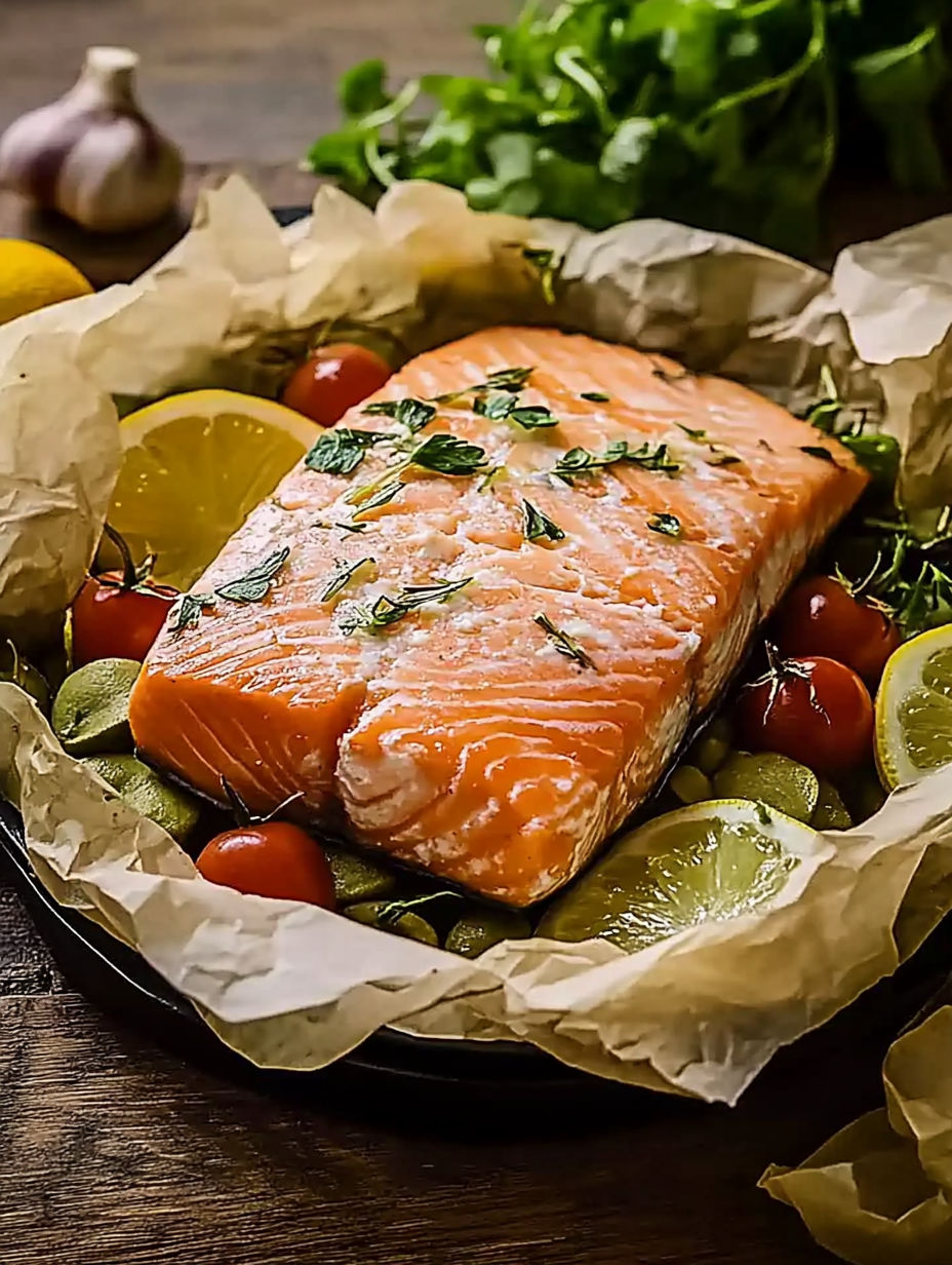 A salmon fillet is wrapped in a paper and placed on a table.