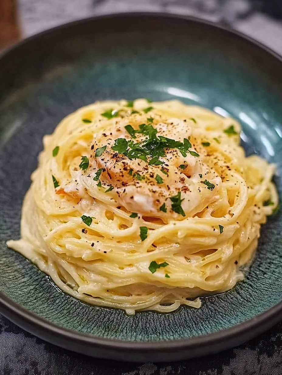 A bowl of pasta with a fried egg on top.
