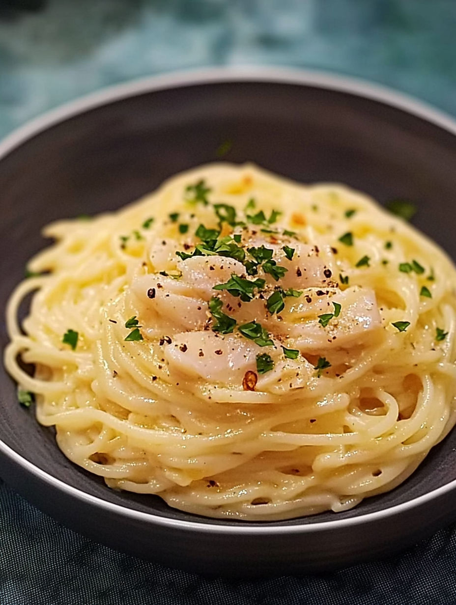 A bowl of pasta with shrimp and herbs.