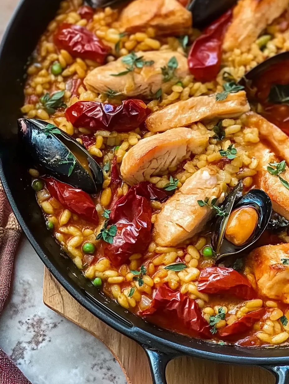 A pan of food with chicken, rice, and vegetables.