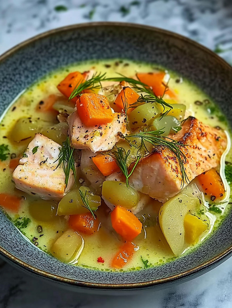 A bowl of soup with fish and vegetables.