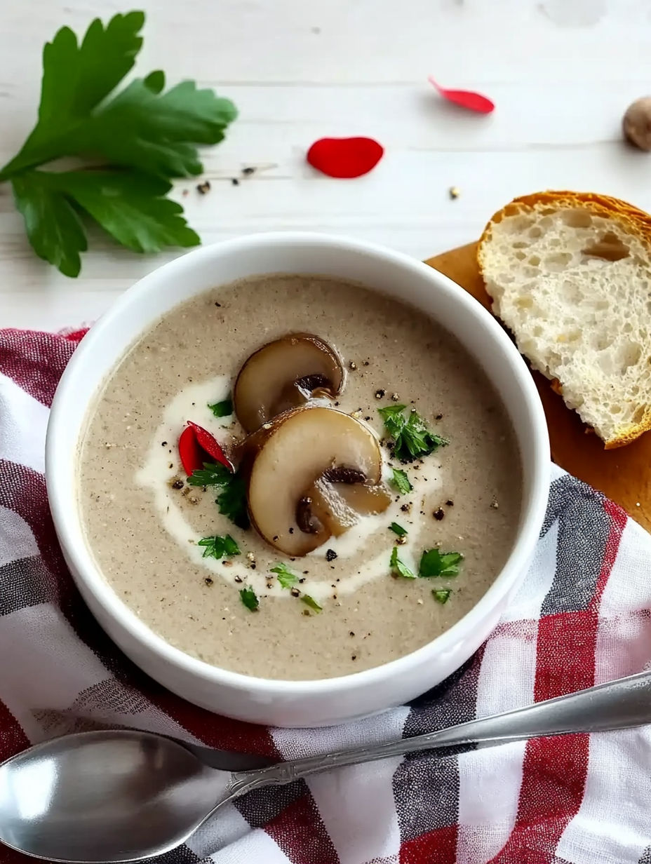 A bowl of soup with mushrooms and a piece of bread.