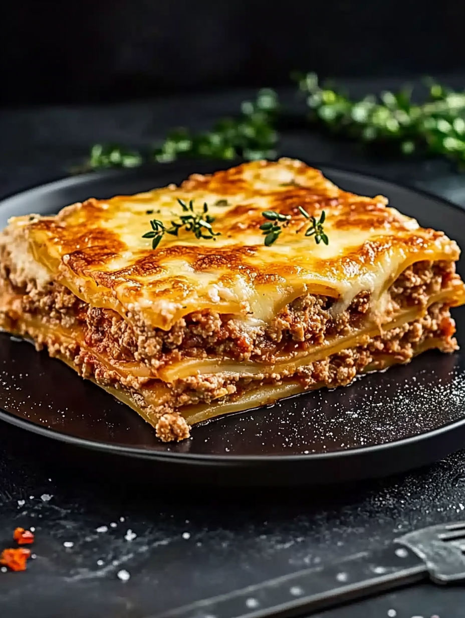 A slice of lasagna with cheese and herbs on top.