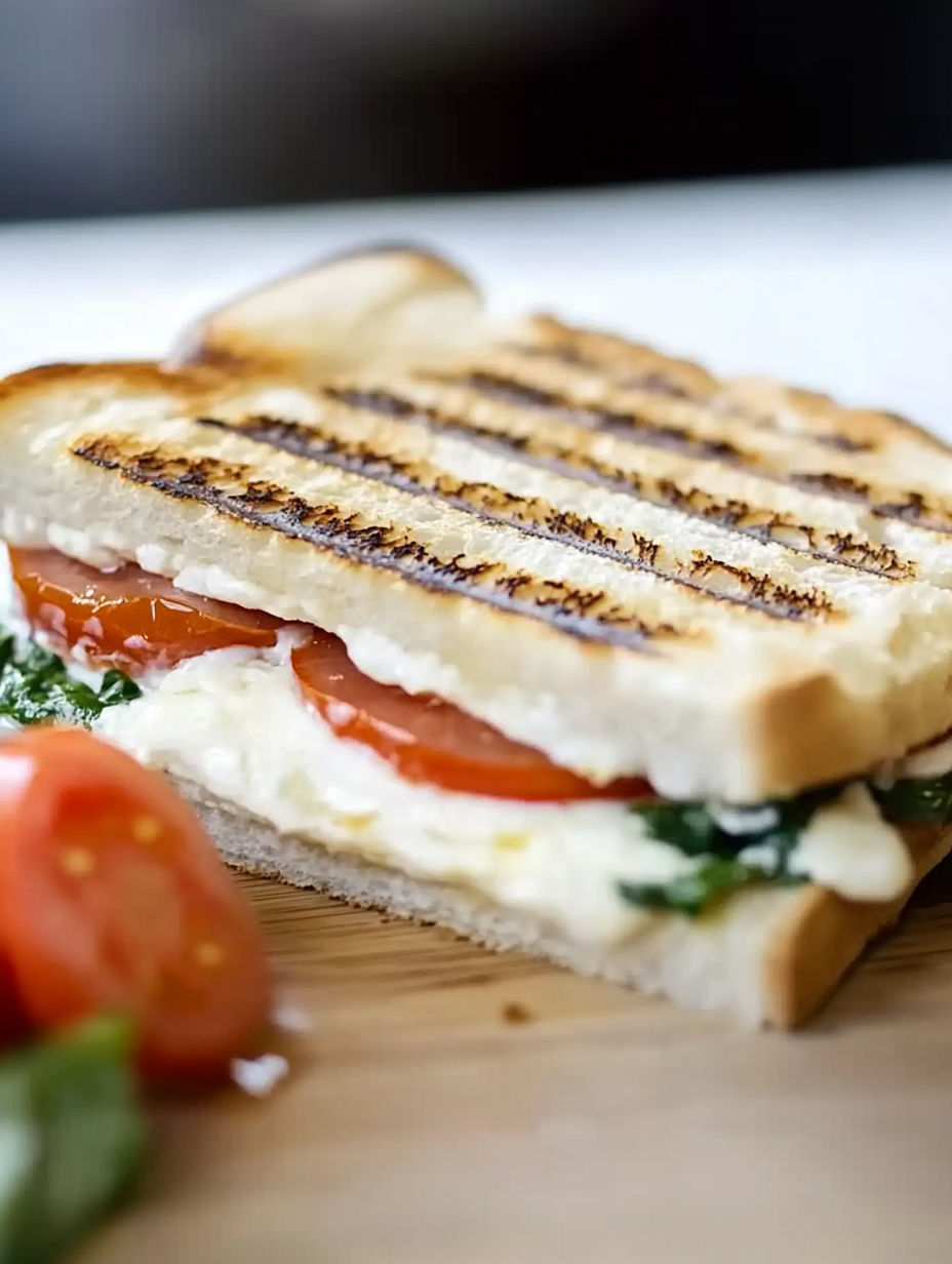 A sandwich with tomatoes and cheese on a wooden table.