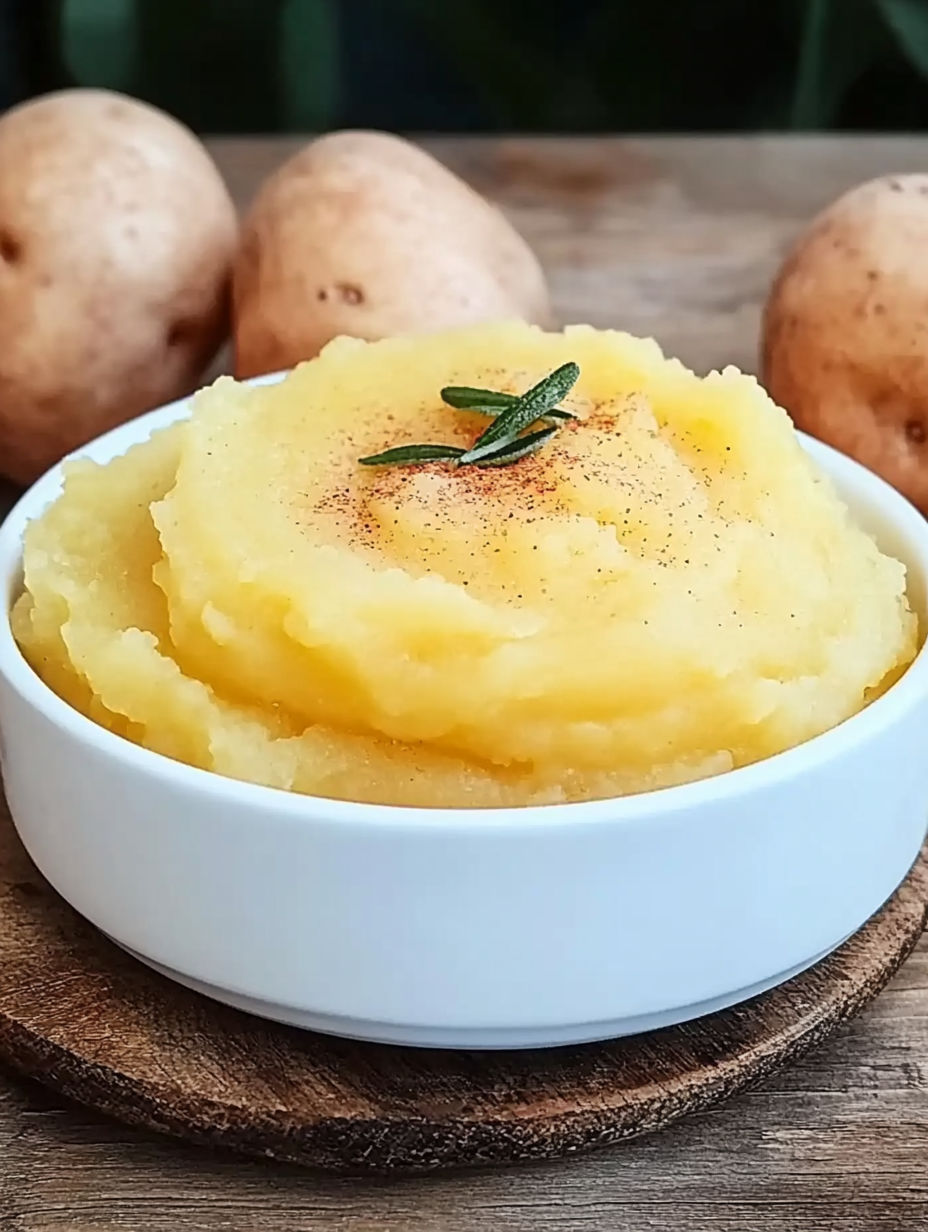 A bowl of mashed potatoes with a sprig of parsley on top.
