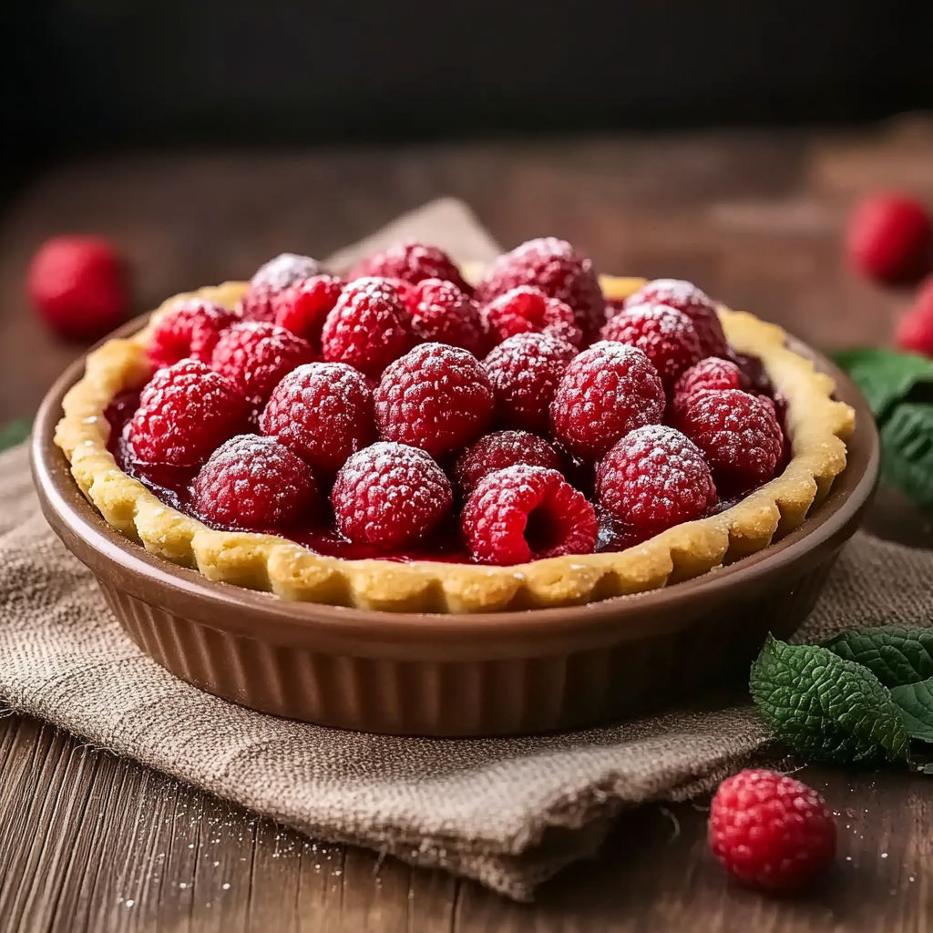 A close up of a raspberry tart with a brown crust.