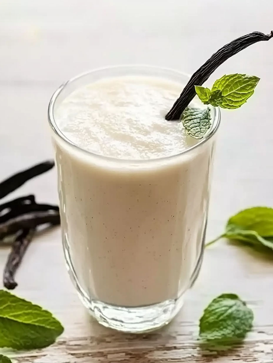 A glass of milk with a mint garnish.
