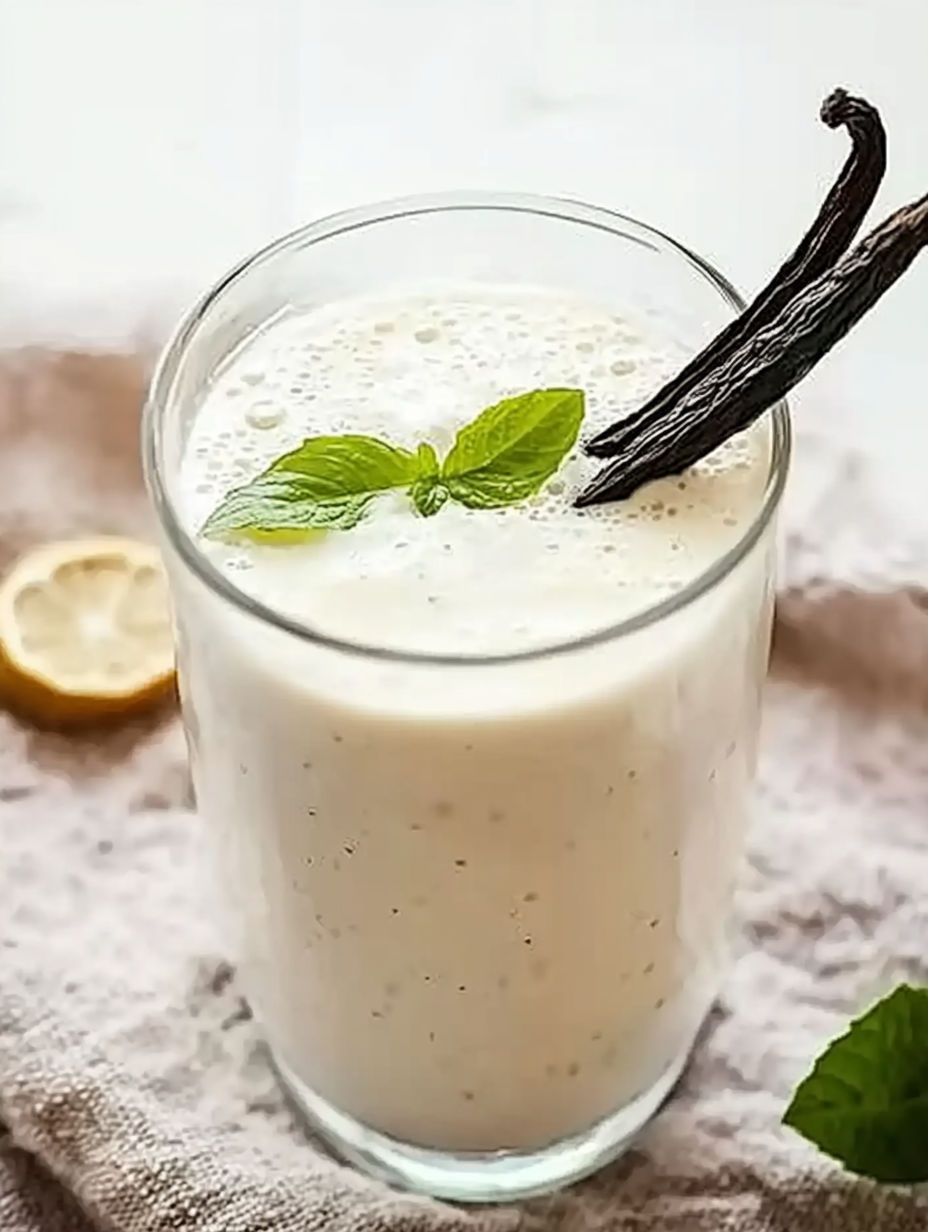 A glass of milk with a mint leaf on top.