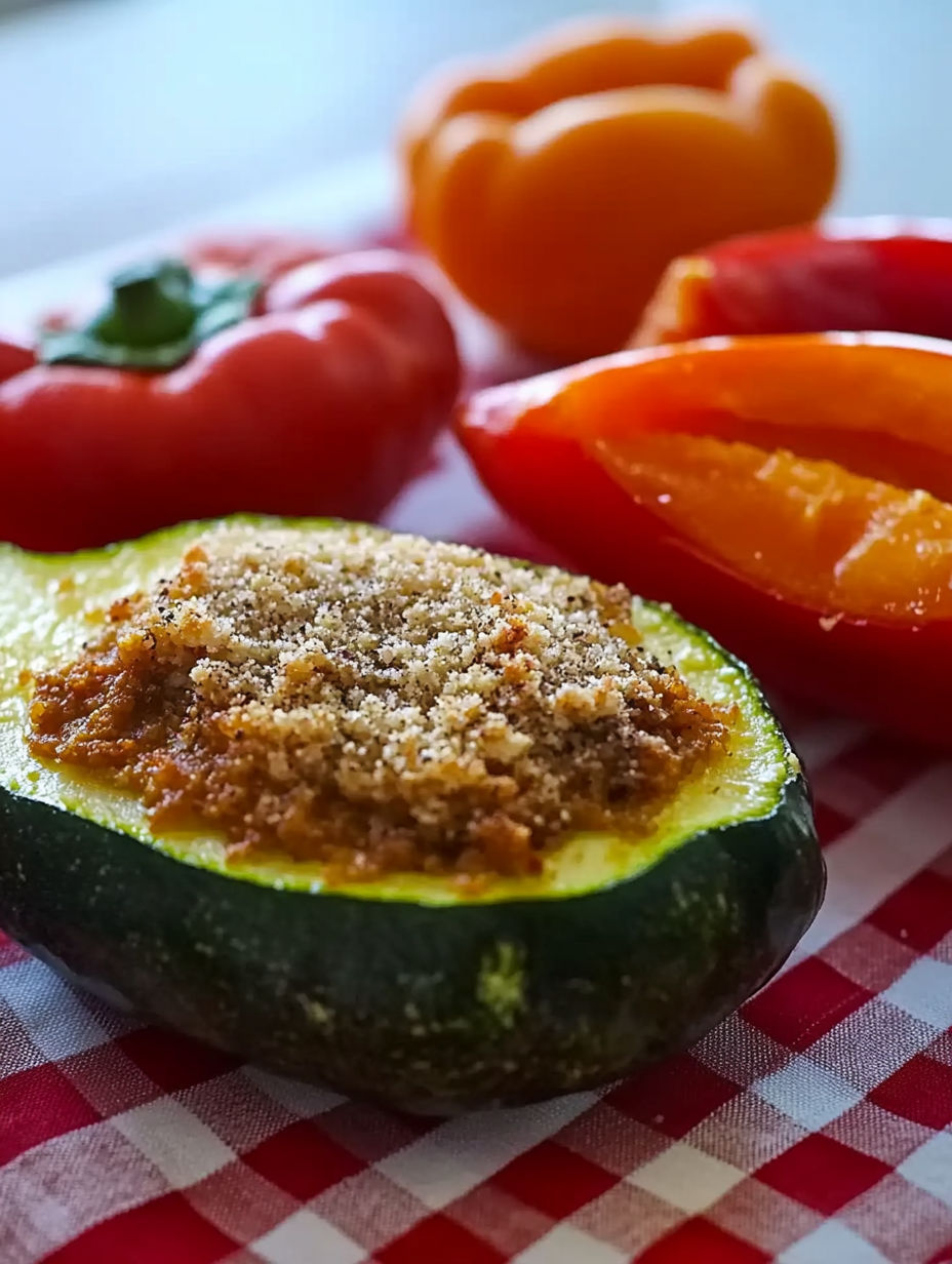 A plate of food with a zucchini, tomatoes, and peppers.