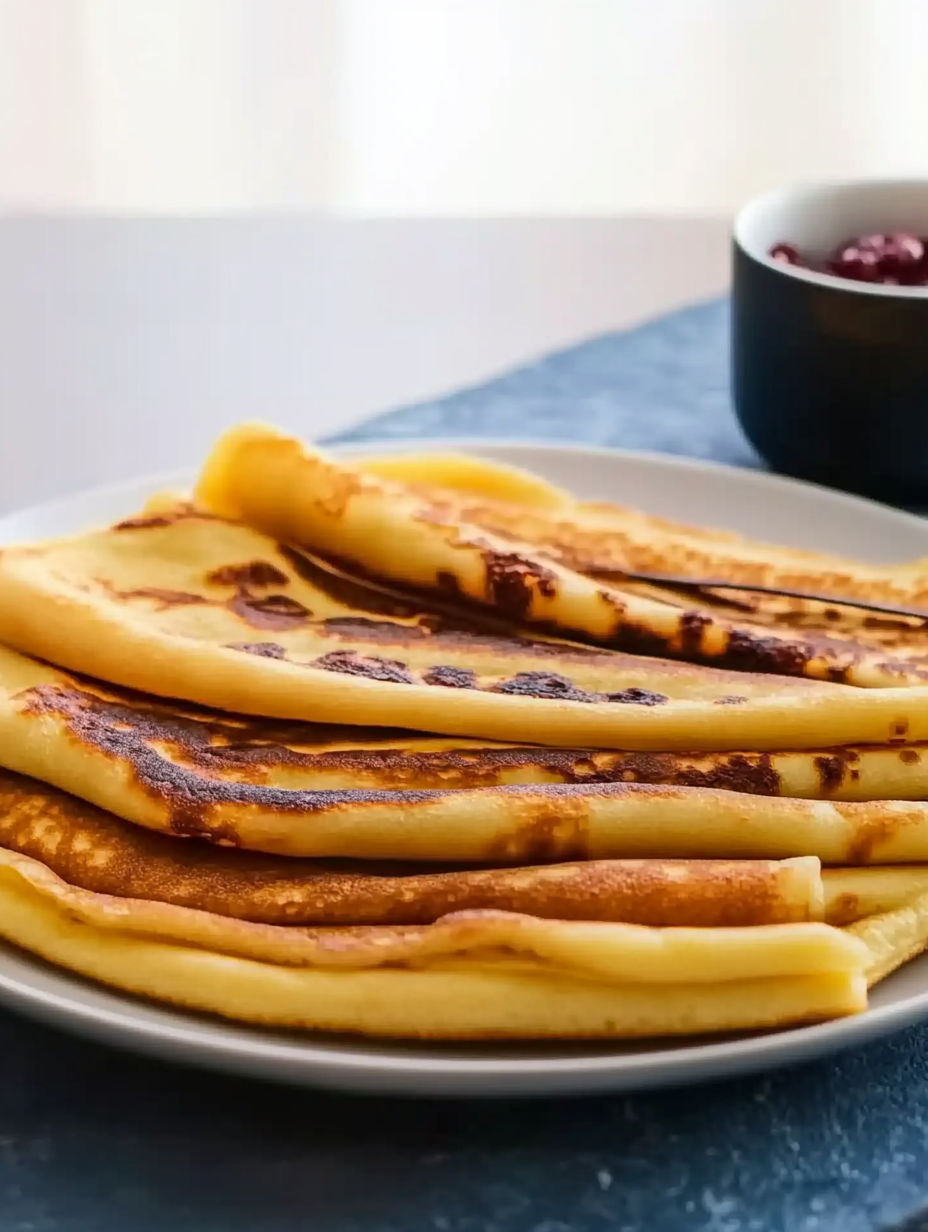 A stack of crêpes on a plate.