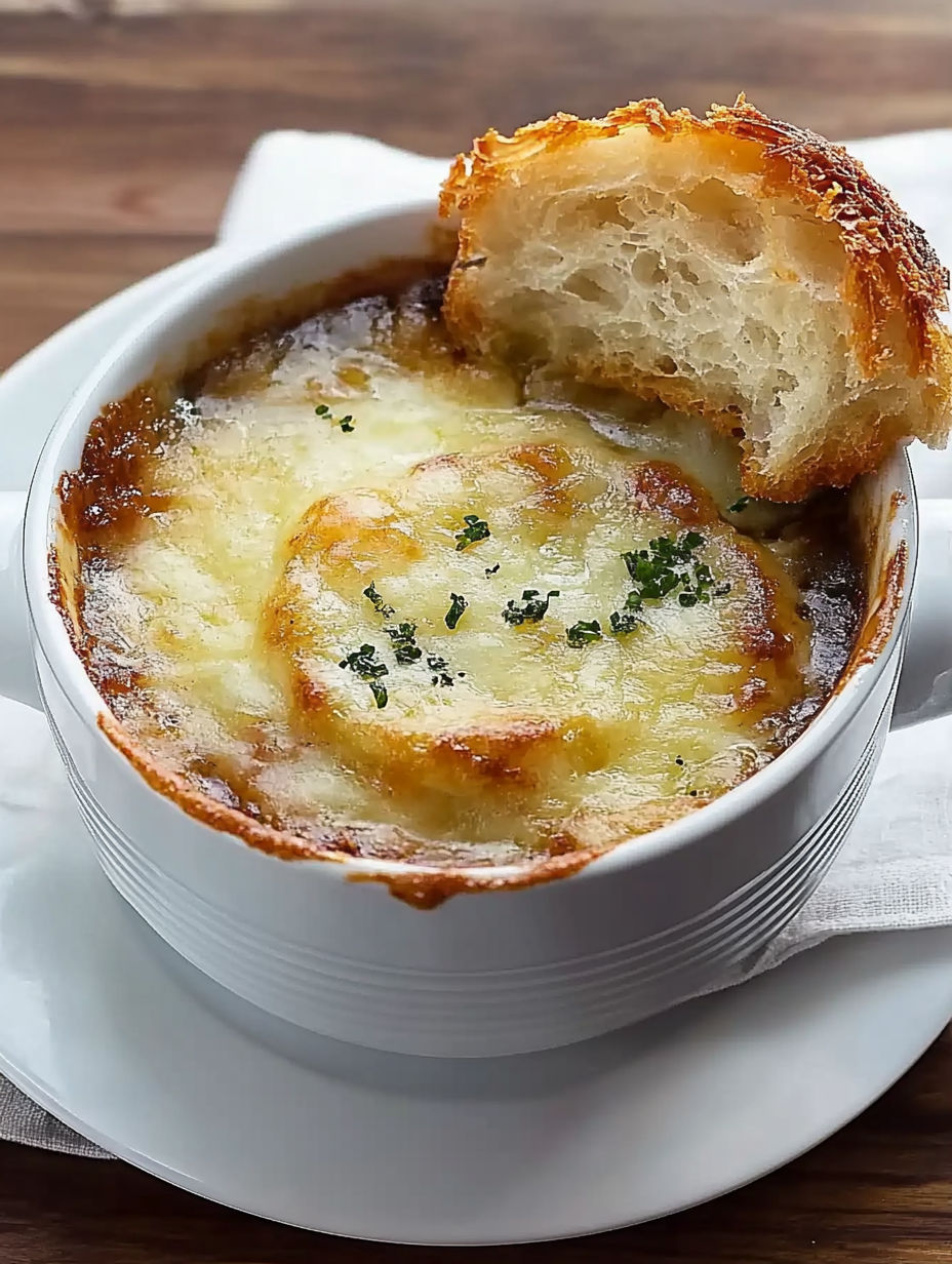 A bowl of soup with a piece of bread on top.