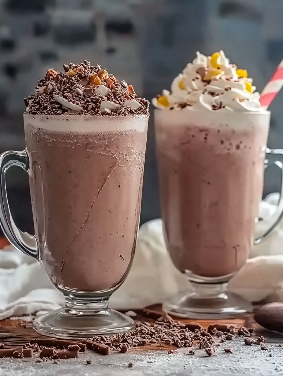 Two glasses of chocolate milk.