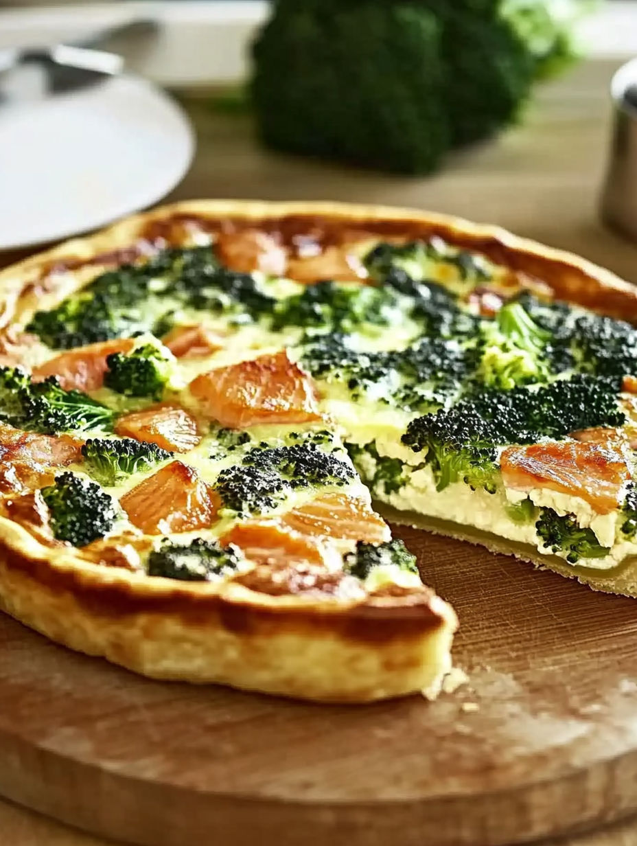 A slice of quiche with broccoli and salmon.
