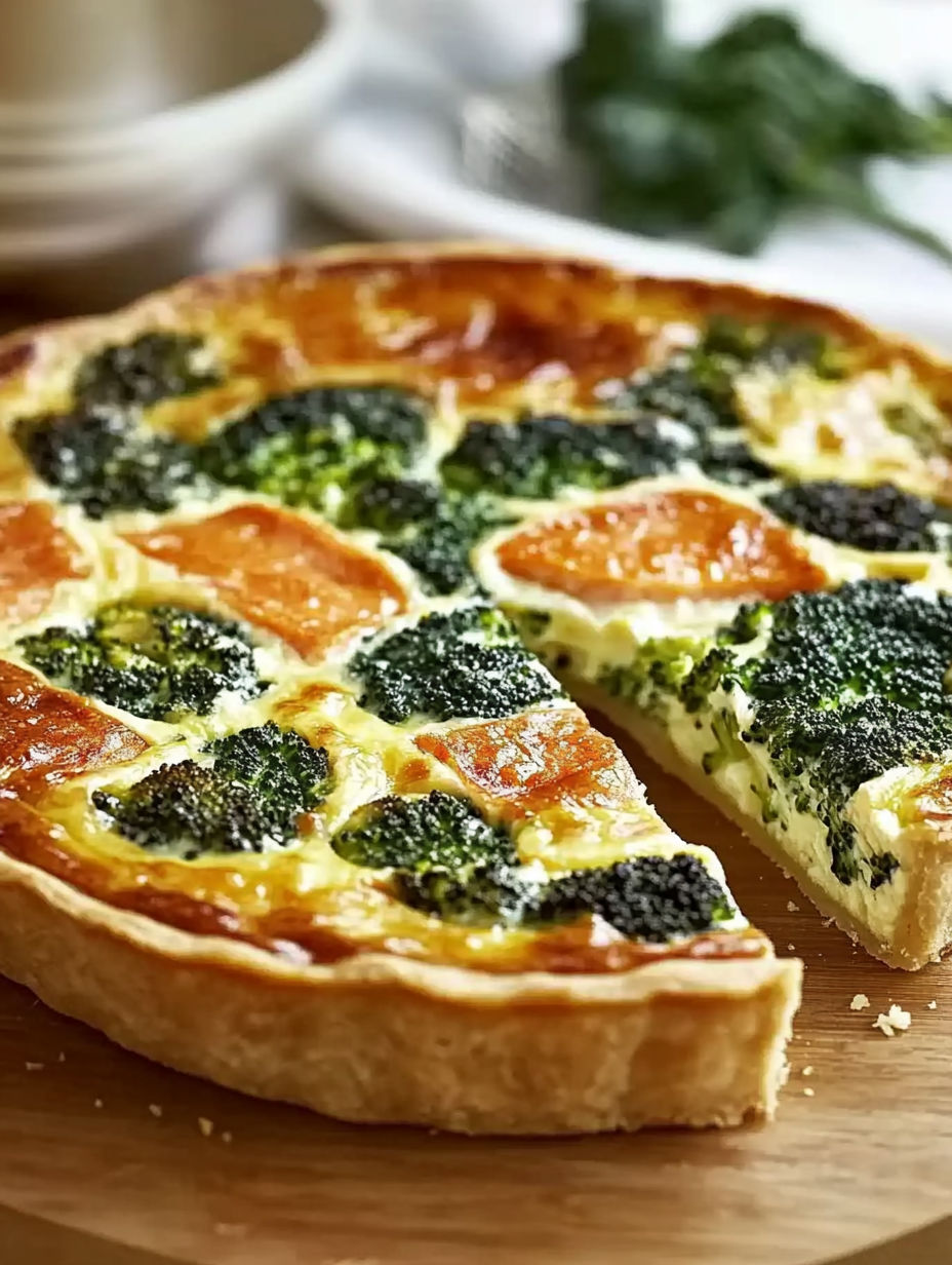A slice of quiche with broccoli and smoked salmon.
