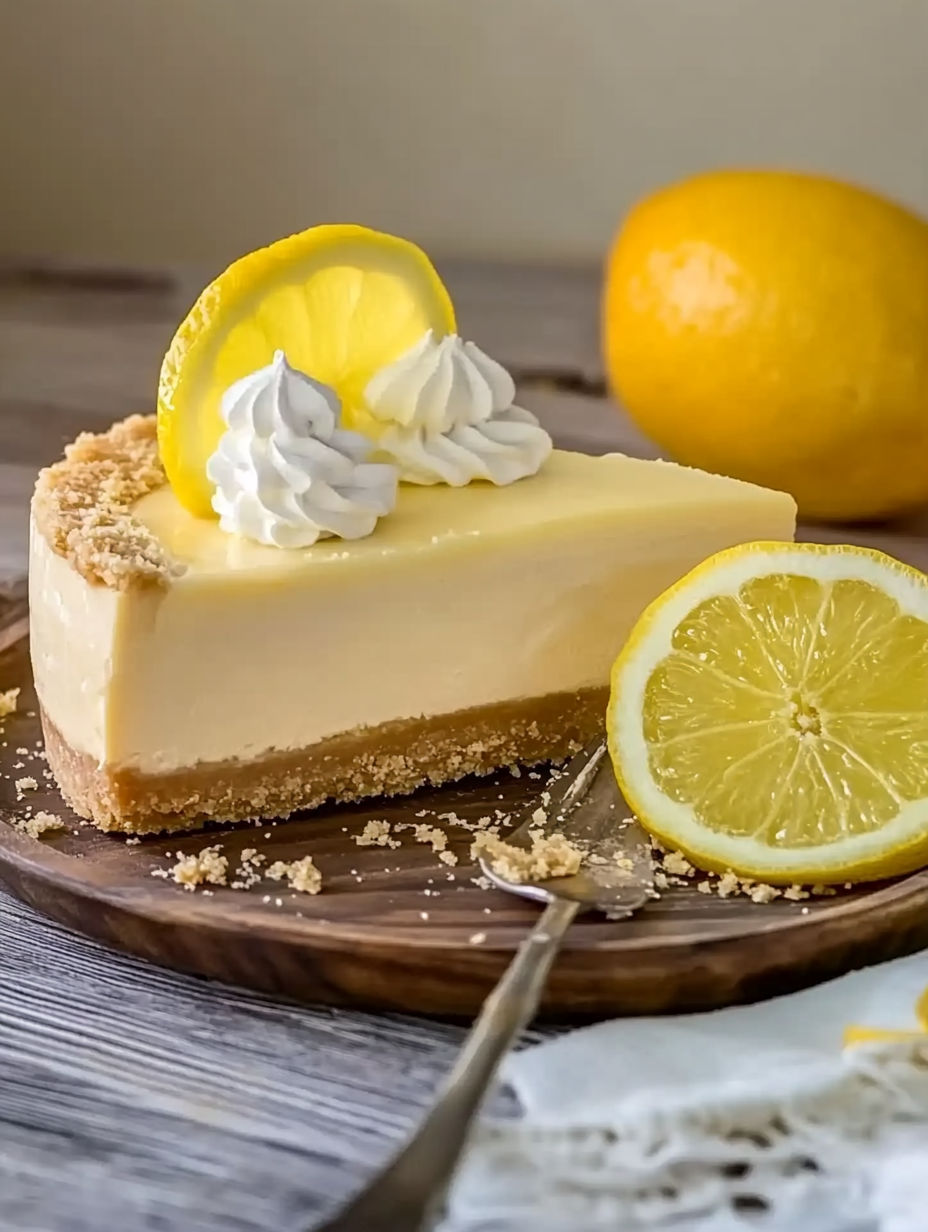 A slice of cheesecake with a lemon wedge on top.