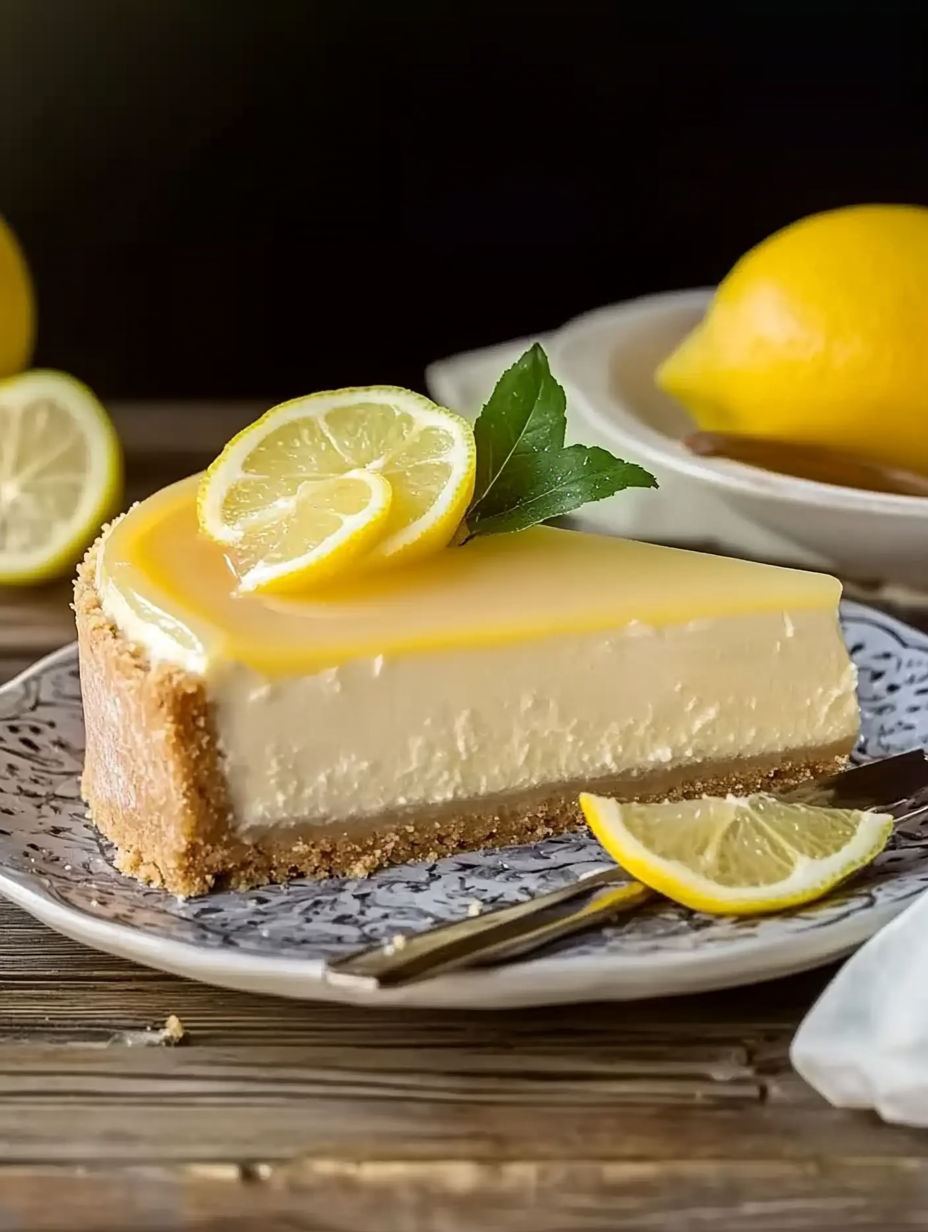 A slice of lemon cheesecake on a plate.