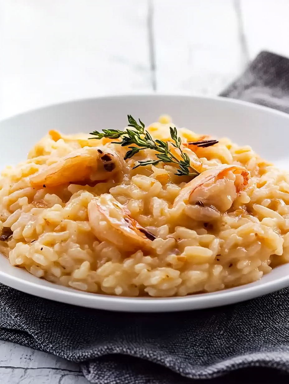 A plate of rice with shrimp and herbs on top.