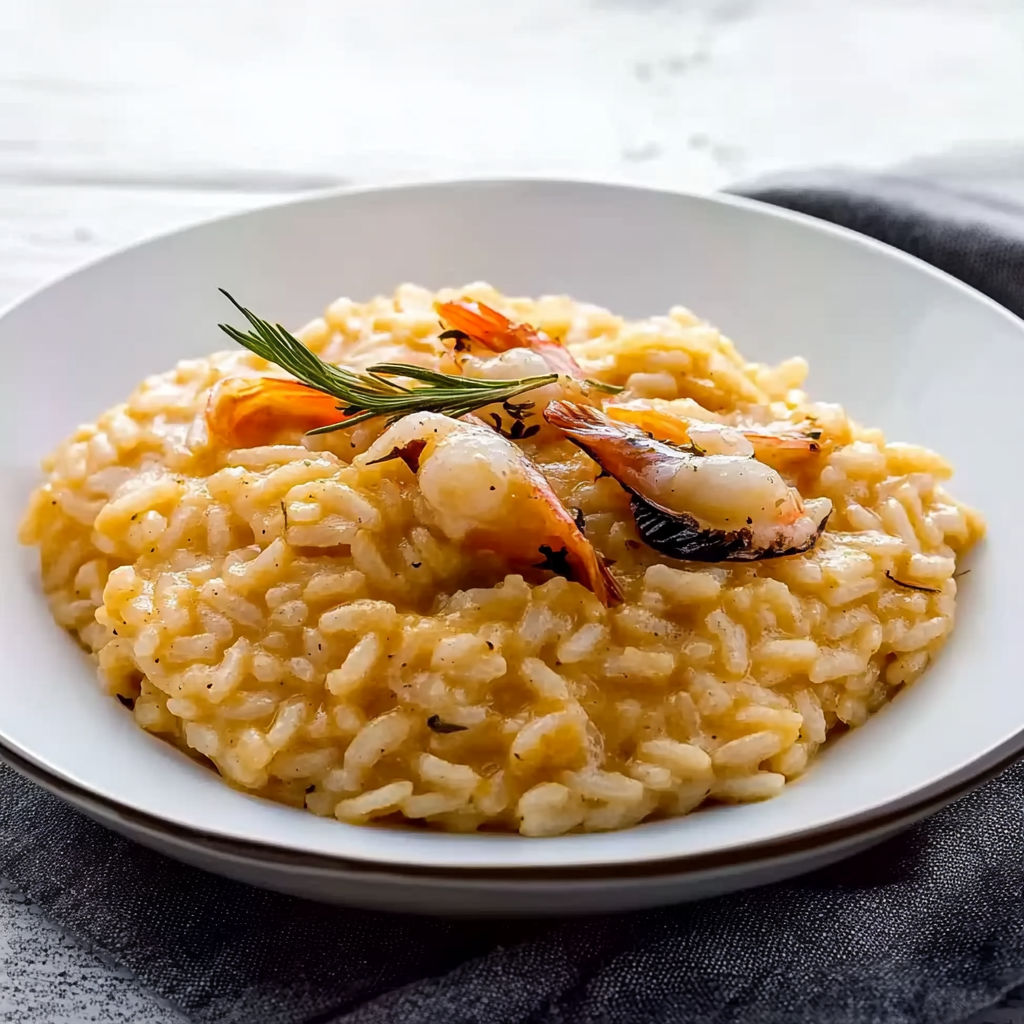 A white plate with rice and shrimp.