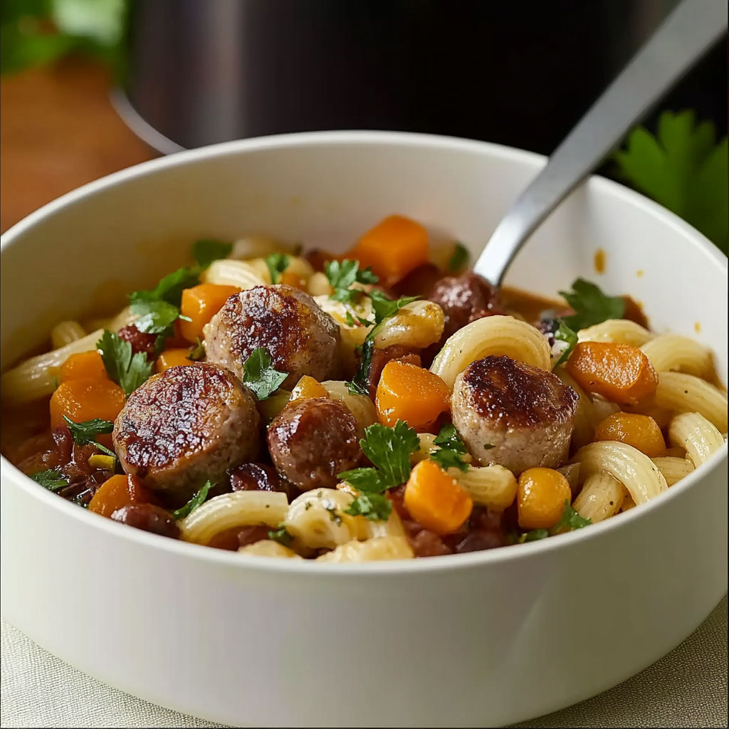 A bowl of macaroni and meatballs with carrots.
