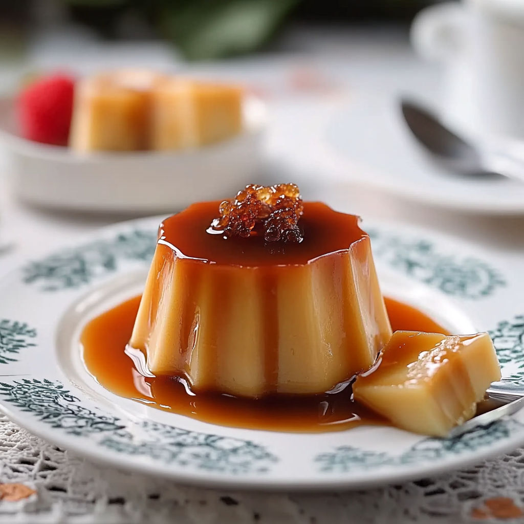 A plate of flan with caramel sauce.