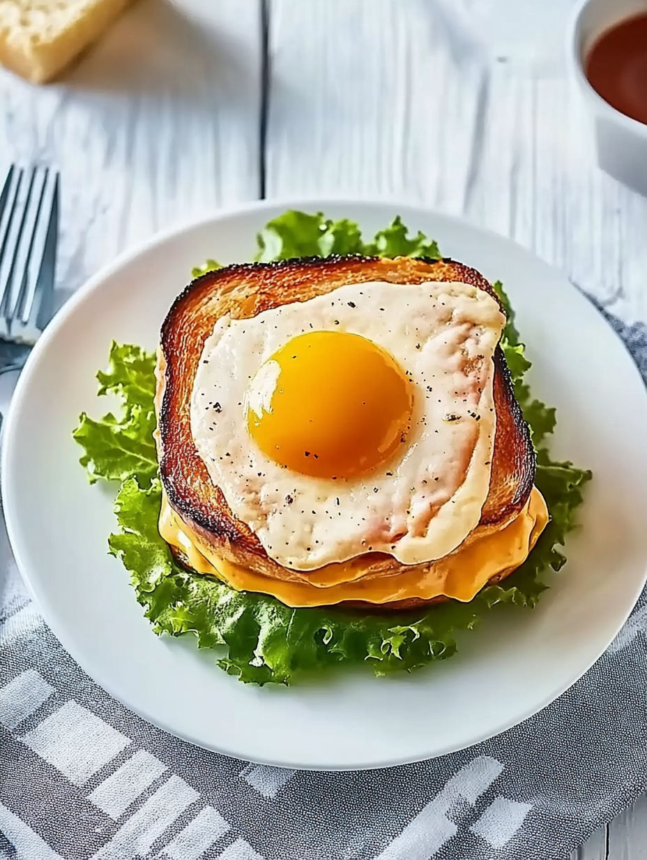 A croque madame with a fried egg on top.