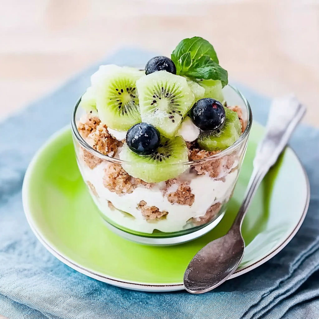 A glass of fruit with kiwi, blueberry, and strawberry.