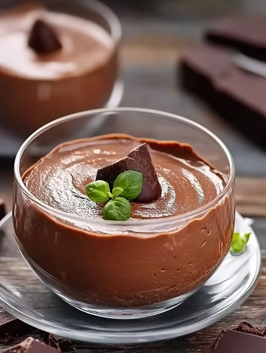 A glass of chocolate with a leaf on top.