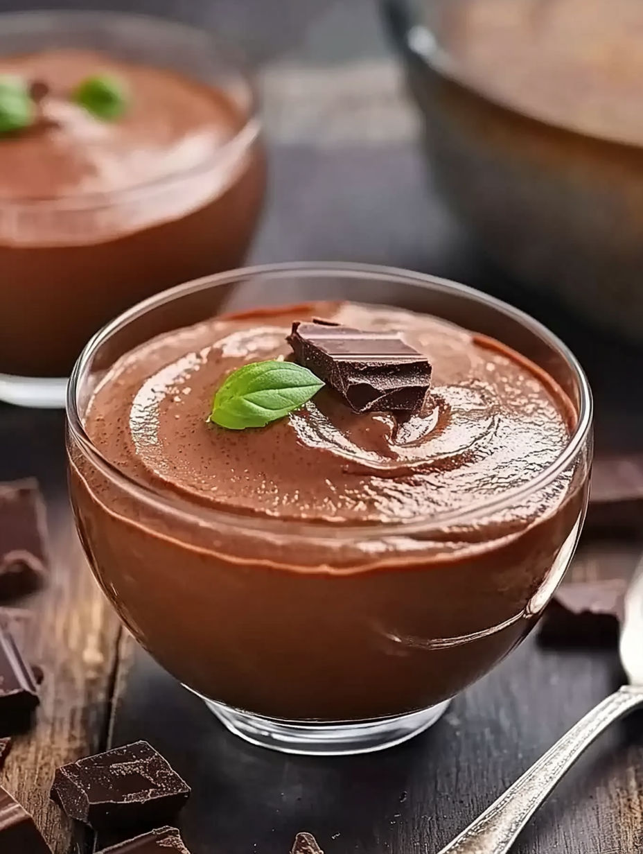 A glass of chocolate dessert with a leaf on top.