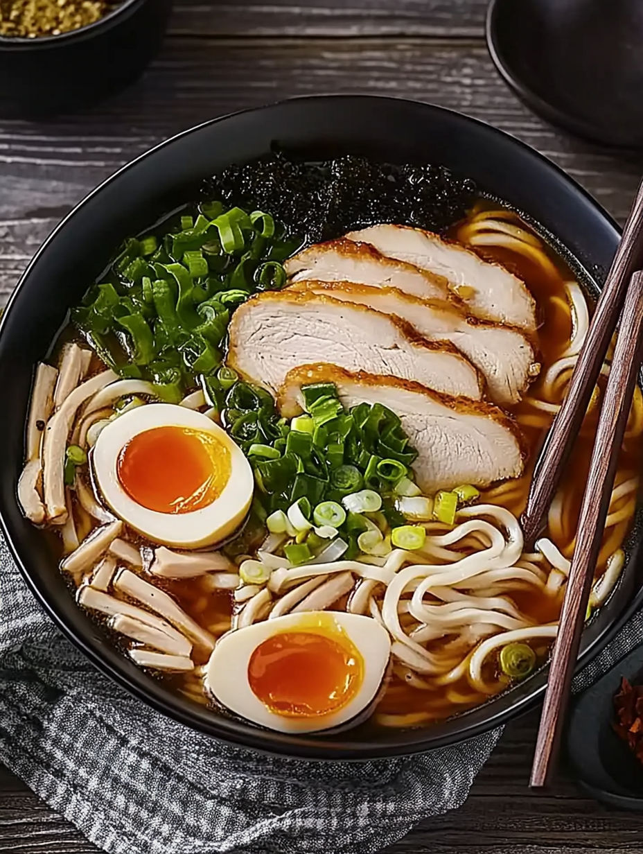 A bowl of ramen with chicken and vegetables.
