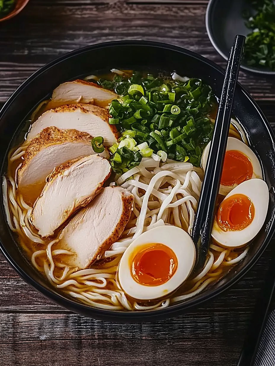 A bowl of soup with chicken and vegetables.
