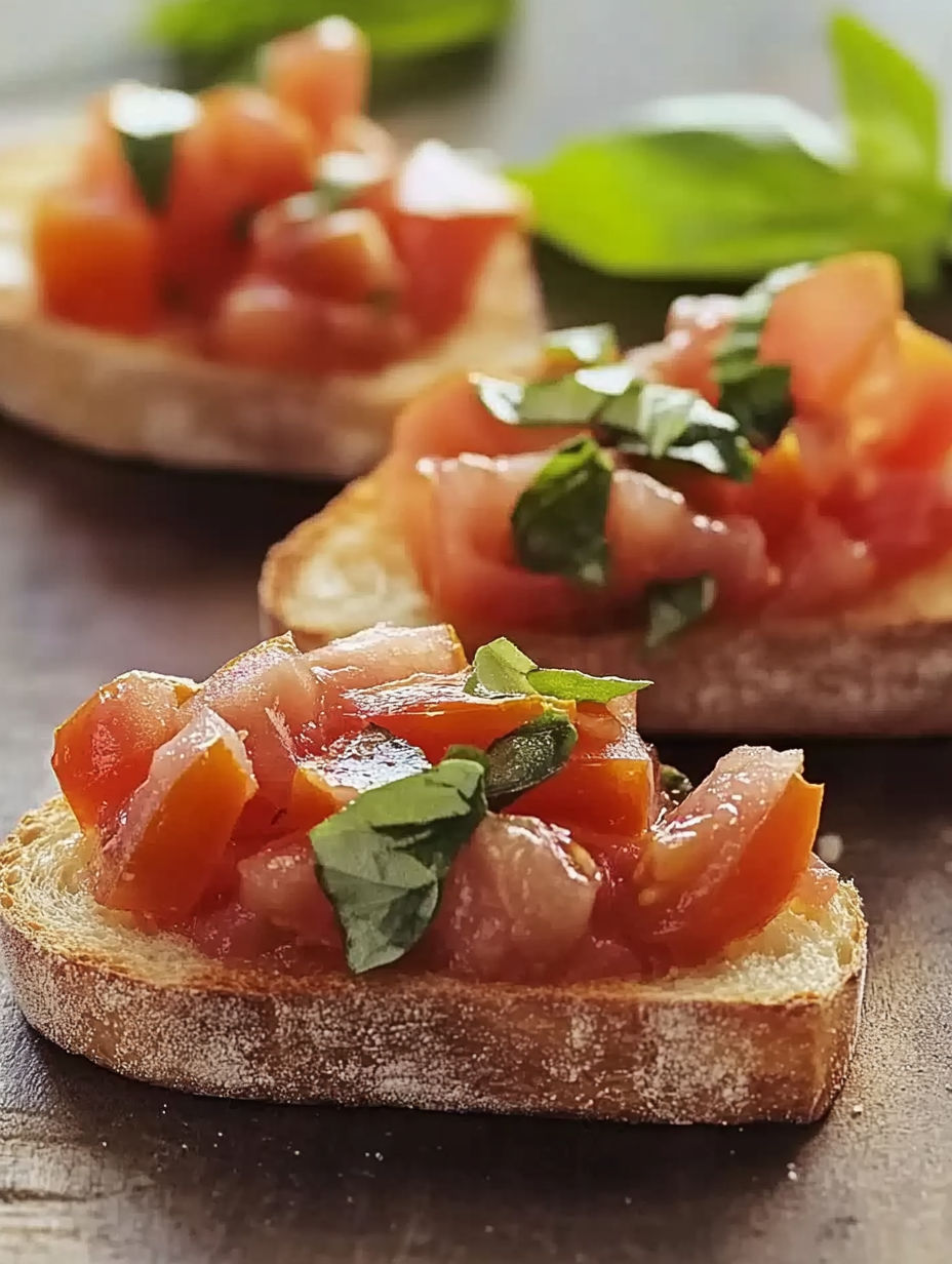 A slice of bread with tomatoes and basil on it.