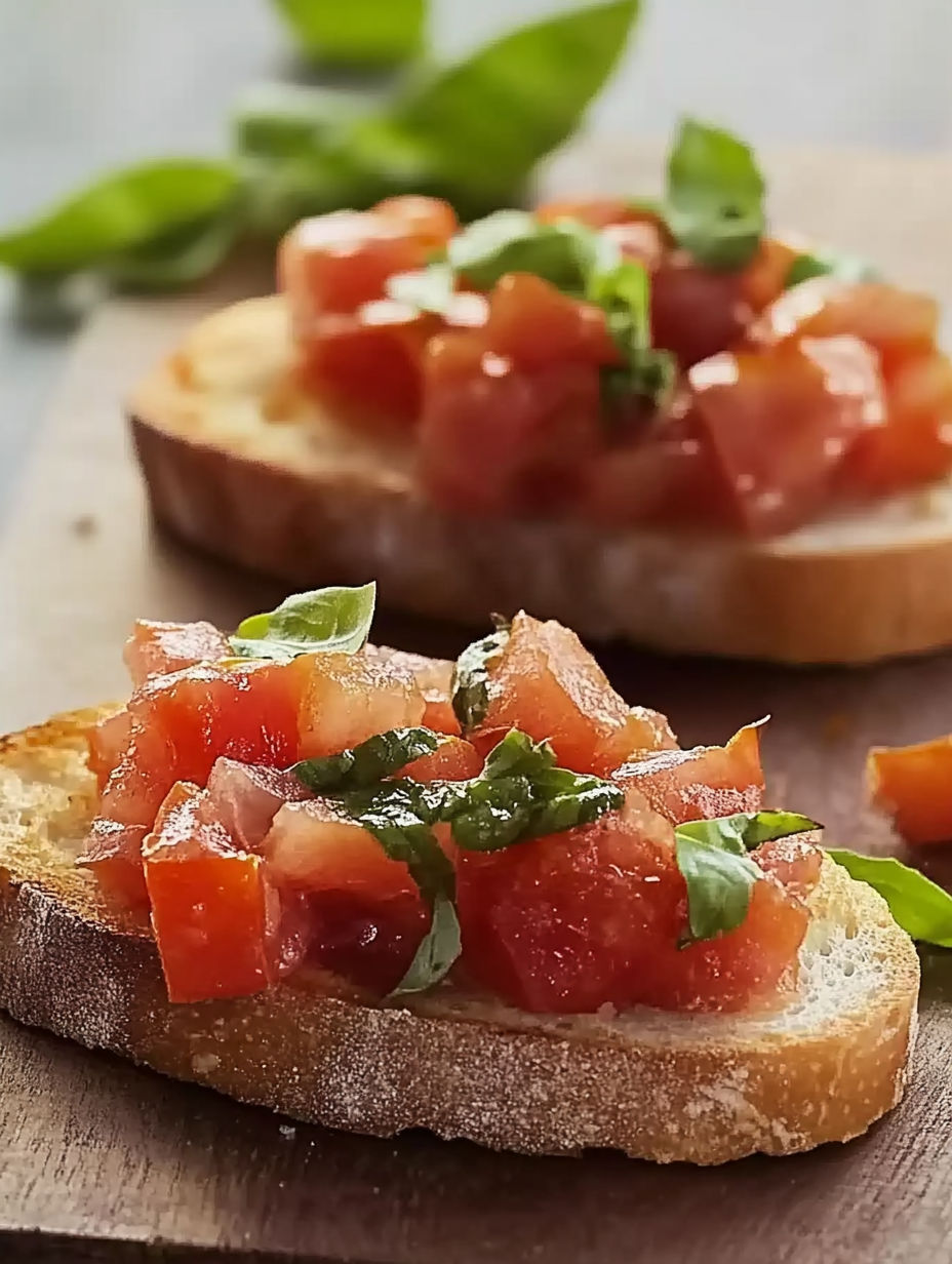 A slice of bread with tomatoes and basil on it.