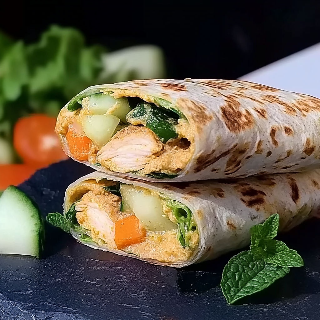 A wrap with chicken and vegetables.