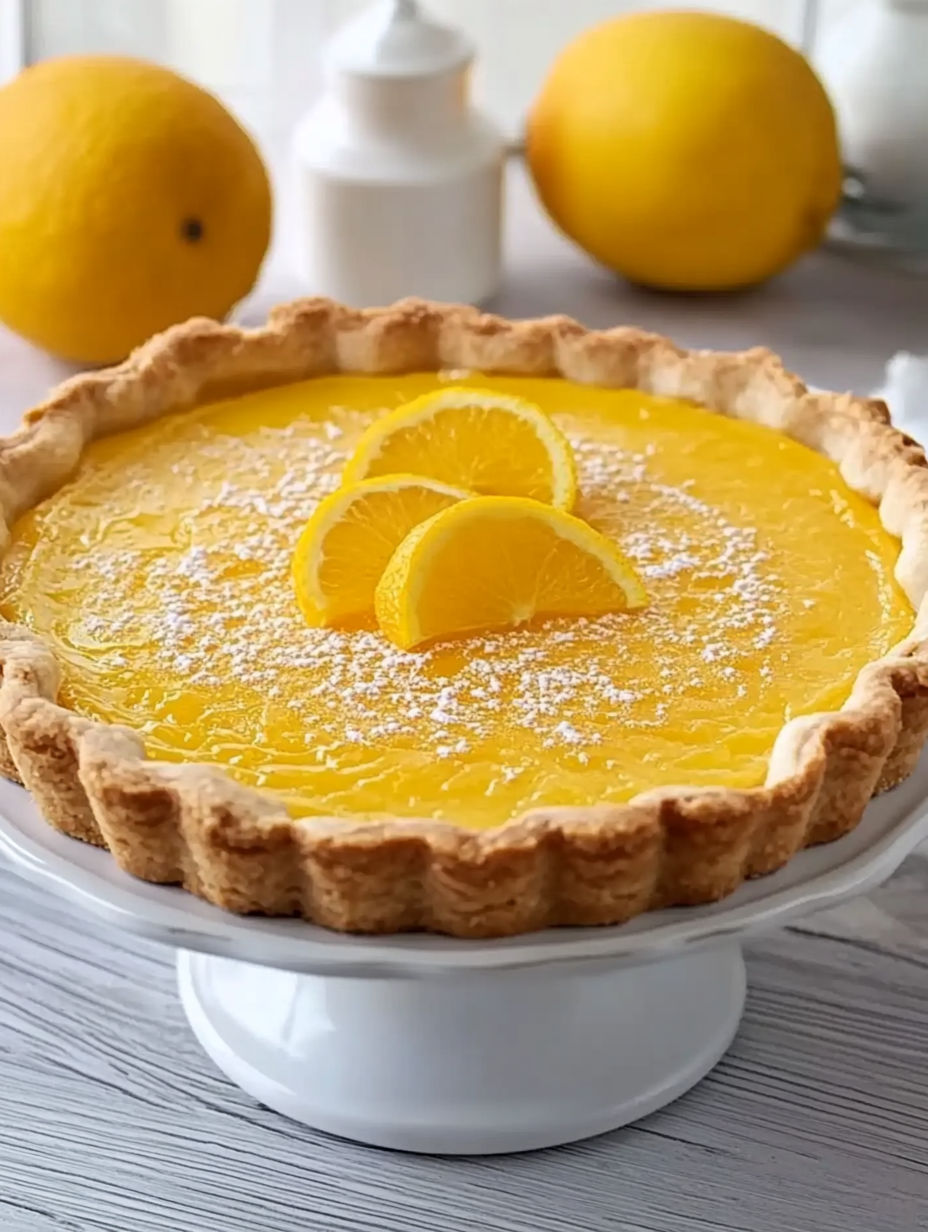 A yellow lemon dessert with a slice of lemon on top.