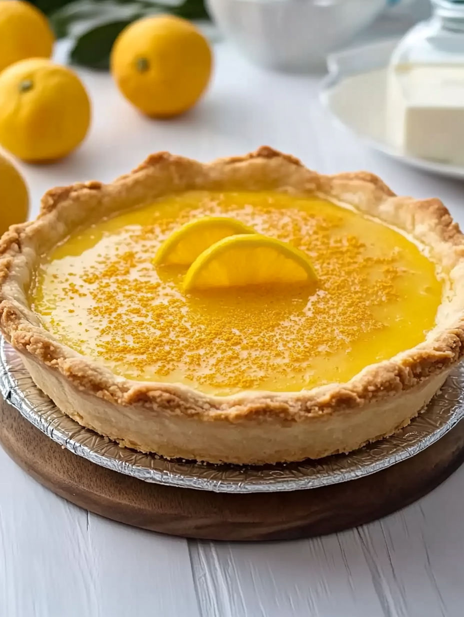 A lemon meringue pie with a lemon wedge on top.
