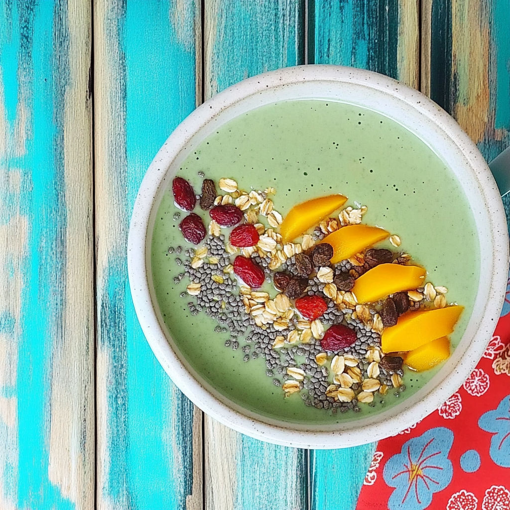 A bowl of green smoothie with fruit and nuts.