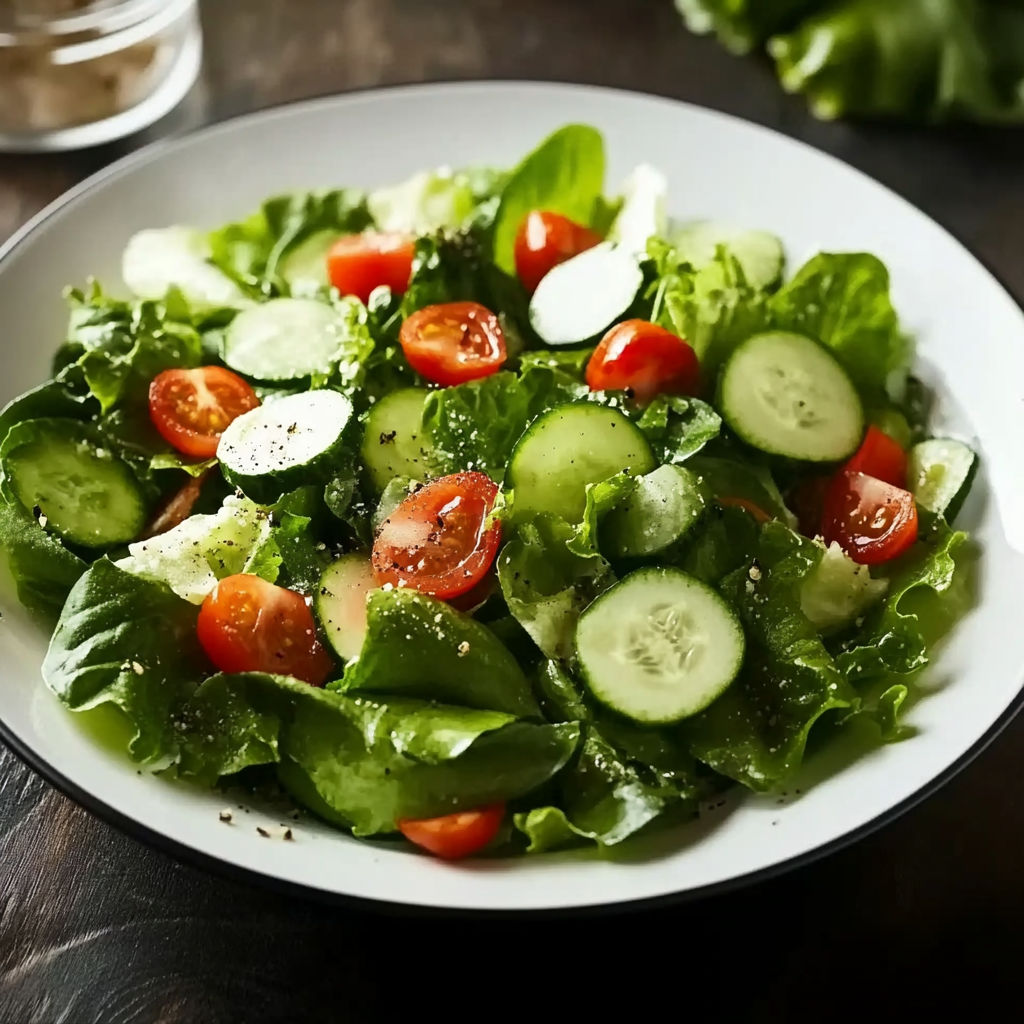 A bowl of salad with cucumbers, tomatoes, and lettuce.