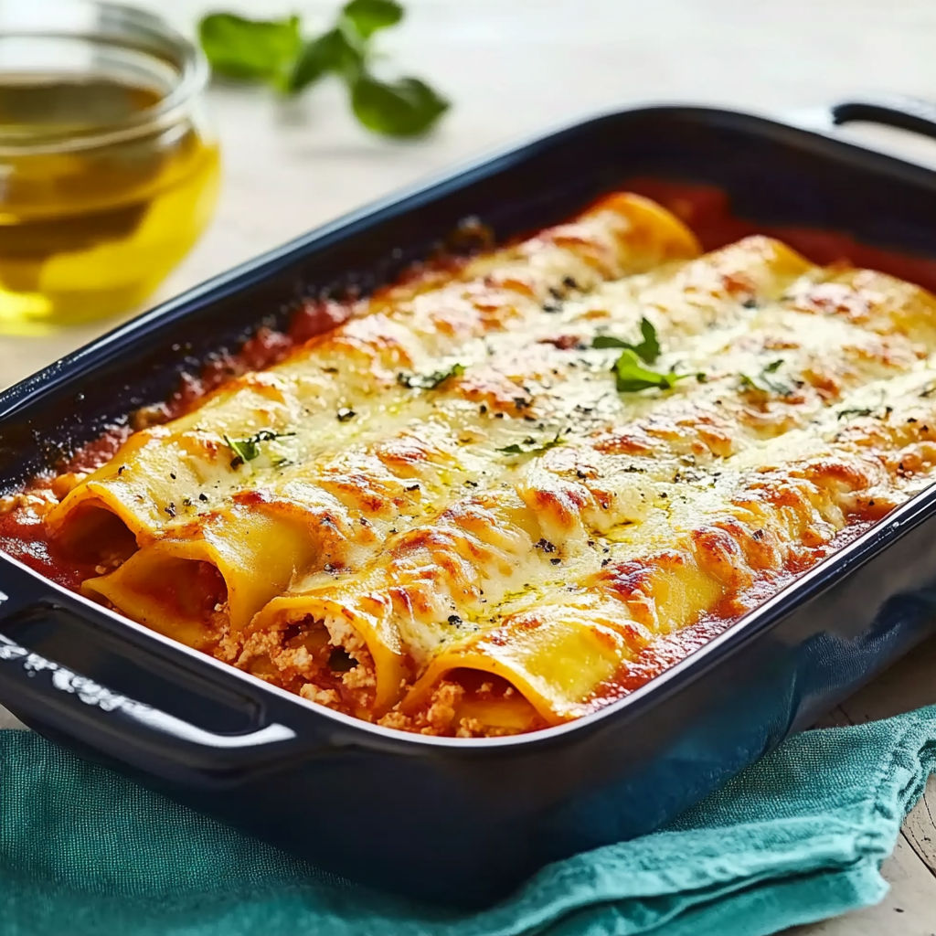A dish of cannelloni with a green garnish.