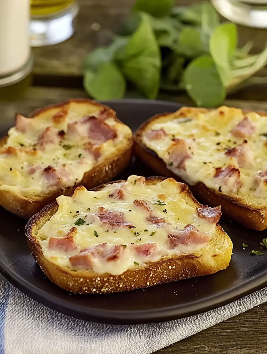 Two slices of cheese and ham toast.