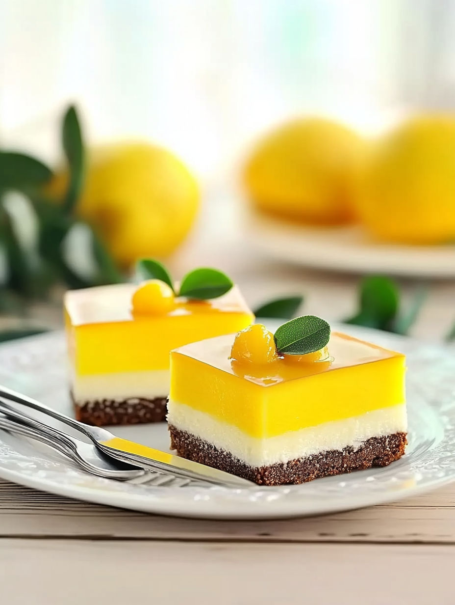 A slice of lemon cheesecake with a green leaf on top.