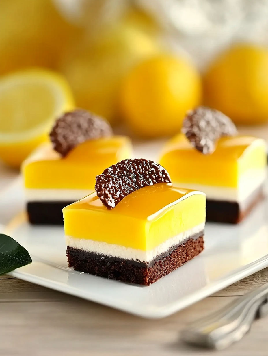 A slice of lemon cake with chocolate on top.