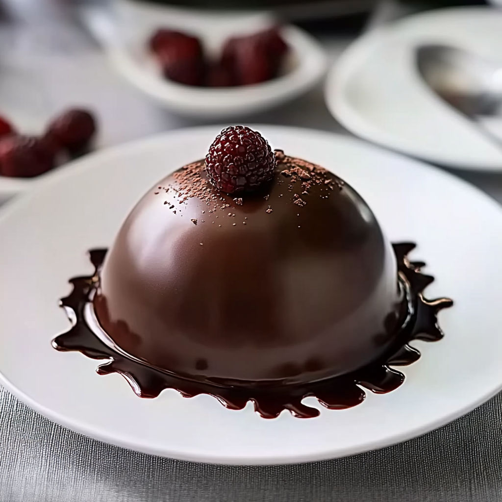 A chocolate dome with raspberries on top.