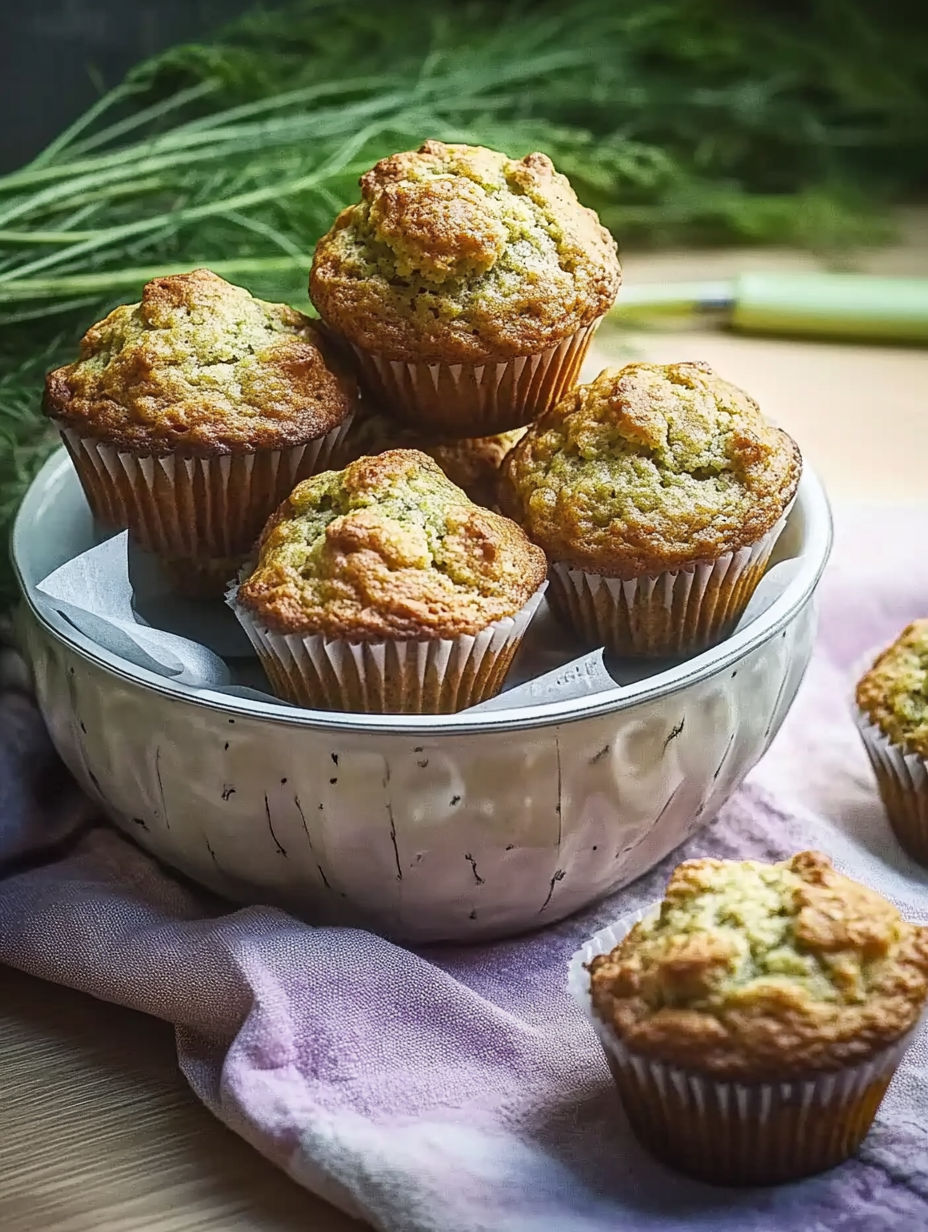 A bowl of muffins with a green herb on top.