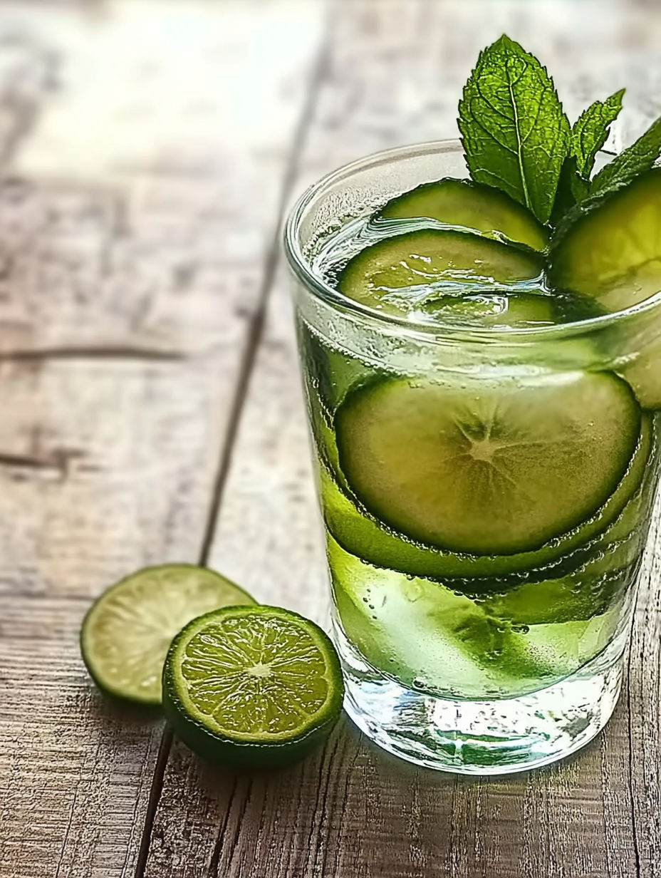 A glass of green cucumber water with a slice of lime.